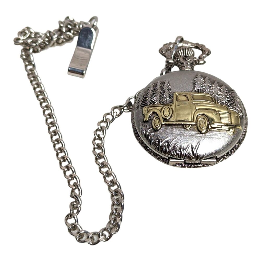 Benrus Vintage Pickup Truck Pocket Watch Silver Tone Quartz Hunter‎ Case Chain